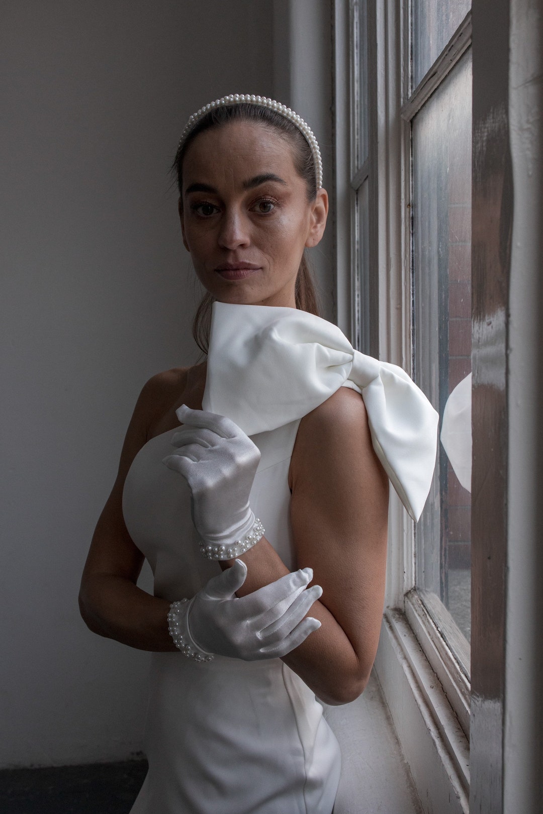 White Satin Wedding Gloves With Pearls Embellished, White Satin Formal