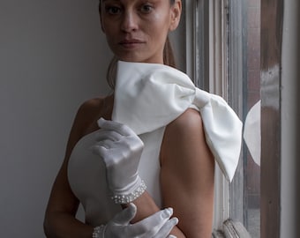 Guanti Corti In Raso Da Donna, Elastici Con Perla, Per Sposa, Matrimoni E Feste, 22,5 Cm, Bianco/Rosa/Champagne