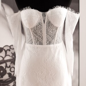 Luxurious French Lace Mini Wedding Dress, Lace Long Sleeve Wedding Mini Dress, Detachable Sleeve Bridal Dress, Luxury Mini Bridal Dress image 5