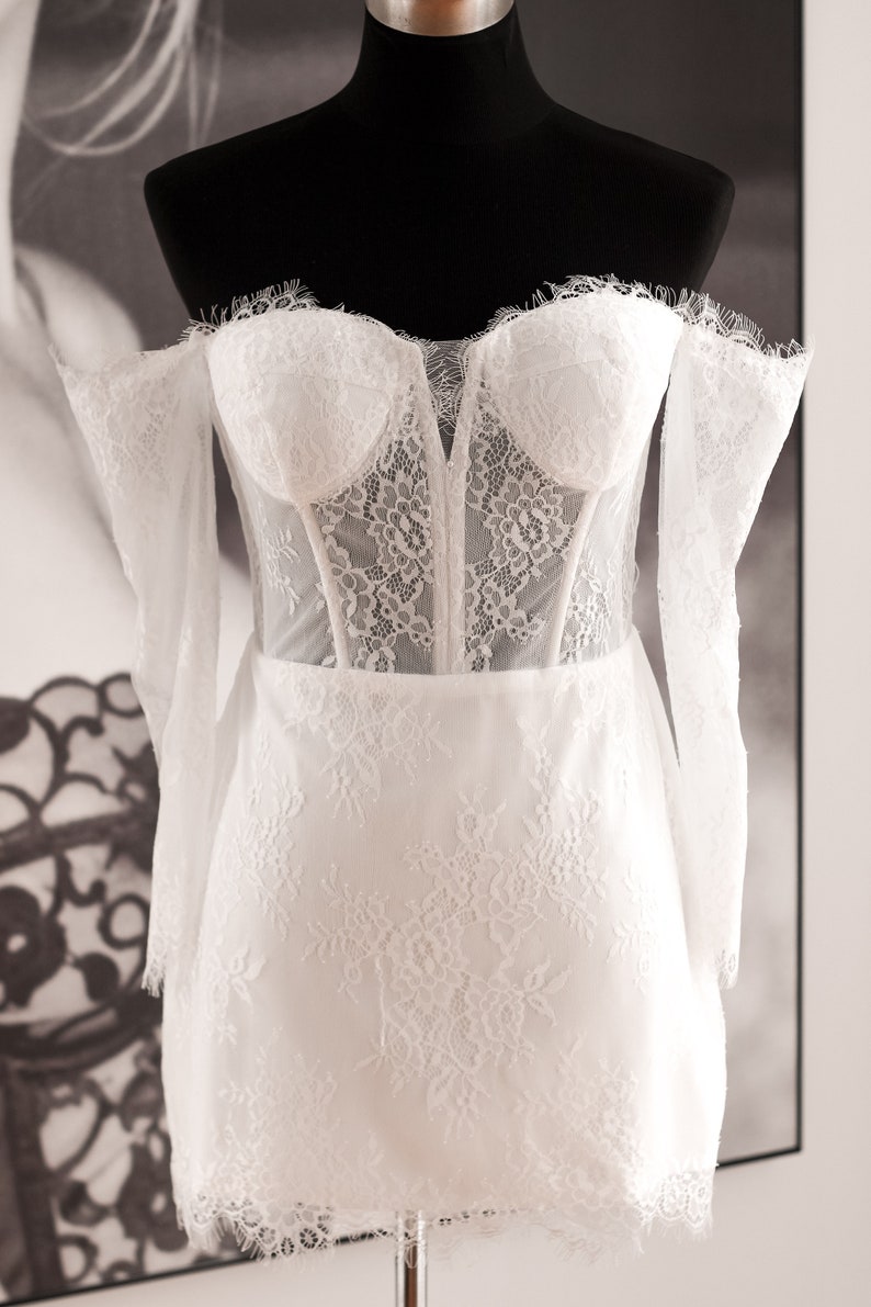 Luxurious French Lace Mini Wedding Dress, Lace Long Sleeve Wedding Mini Dress, Detachable Sleeve Bridal Dress, Luxury Mini Bridal Dress image 5