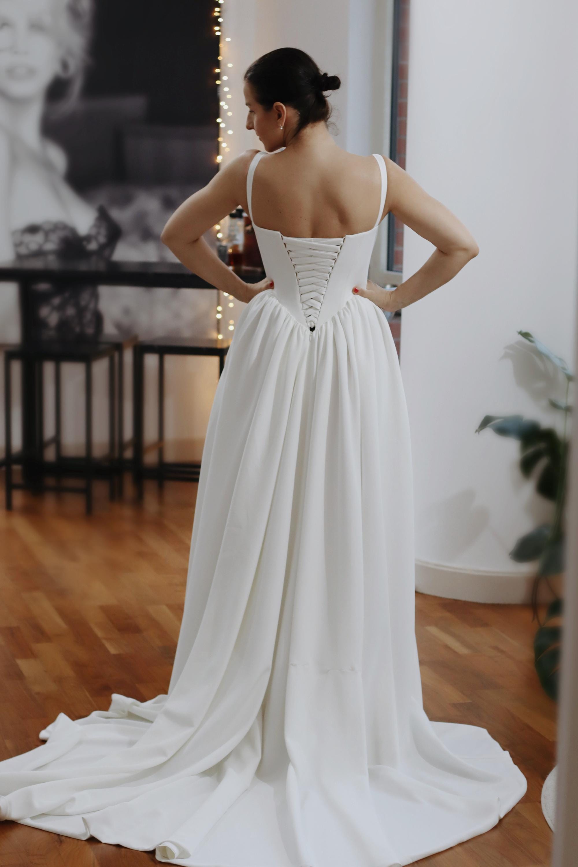 Luxury Crepe Basque Waist Wedding Dress: Corset Bridal Gown