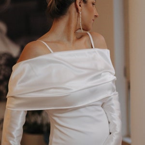 Off the shoulder Bridal Shawl, Satin Bridal Wrap, Off the shoulder wedding bolero, White bridal shawl, Wedding cape, Satin wedding shawl image 3