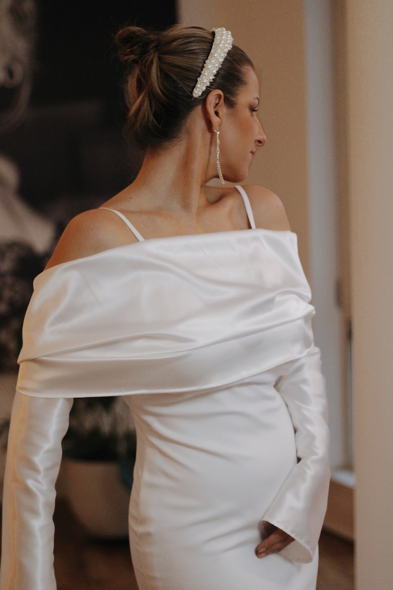 Off the shoulder Bridal Shawl, Satin Bridal Wrap, Off the shoulder wedding bolero, White bridal shawl, Wedding cape, Satin wedding shawl image 3