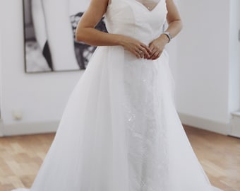 Afneembare bruiloft tule overrok | Bruids tule overrok | Bruiloft rok | Gebroken witte tule organza overrok | Bruiloft Tule trein