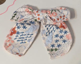 Floral Embroidered Fabric Hair Bow Barrette
