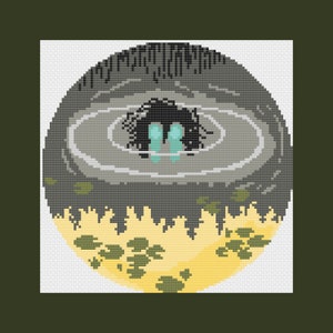 May include: A circular cross-stitch pattern depicting a dark gray, swirling pool of water with a figure submerged in the center. The figure has dark hair and blue feet. The pool is surrounded by a yellow background with green lily pads.