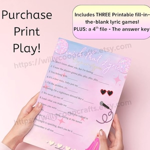 Termina la letra: Juego de fiesta rápido Eras / Actividad imprimible para despedida de soltera / ¡Paquete de tres juegos con descarga instantánea en PDF! Nashville
