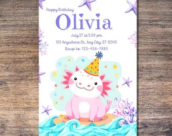 Axolotl Birthday Invitation: Pastel Undersea Party, Editable Canva Template (Digital Download, 5x7 inch)