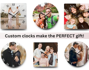 Personalized Wall Clock, Three sizes, Round or Square Clocks, Add a personal photo and customize the text