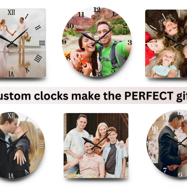 Personalized Wall Clock, Three sizes, Round or Square Clocks, Add a personal photo and customize the text