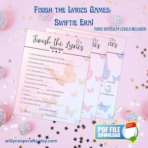 Termina la letra: Juego de fiesta rápido Eras / Actividad imprimible para despedida de soltera / ¡Paquete de tres juegos con descarga instantánea en PDF! Nashville