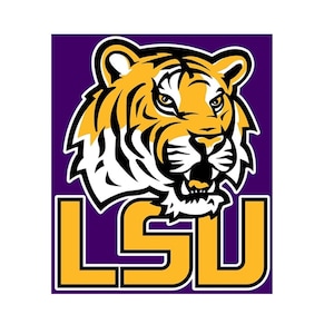 May include: LSU Tigers logo with a purple background. The logo features a tiger's head with a yellow and black striped pattern and the letters LSU in yellow.