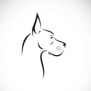 May include: Black and white line art illustration of a Great Dane dog's head in profile.