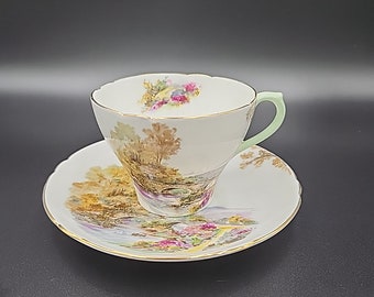 vintage Shelley Heather 13419 Tasse à thé et soucoupe Cambridge en porcelaine tendre verte