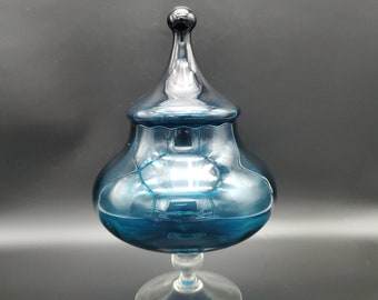 Empoli MCM Apothecary Jar Circus Tent Lid Cerulean Blue Green W Clear Base 30cm