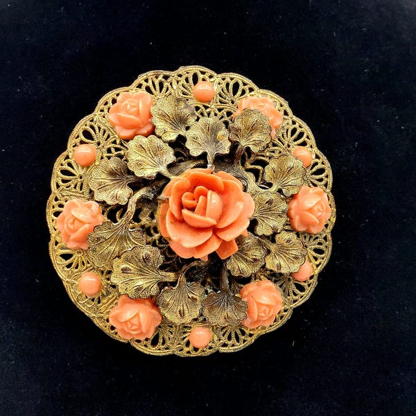 Vintage Delicate Brass Filigree Brooch with Coral Celluloid Roses 6.5cm