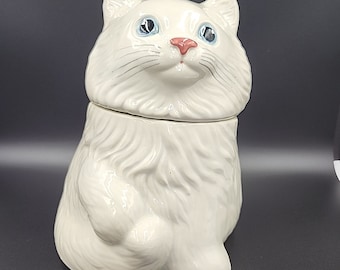 Pot à biscuits Metlox Pottery White Cat Kitten W Long Tail Blue Eyes California USA