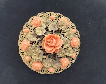 Vintage Delicate Brass Filigree Brooch with Coral Celluloid Roses 6.5cm