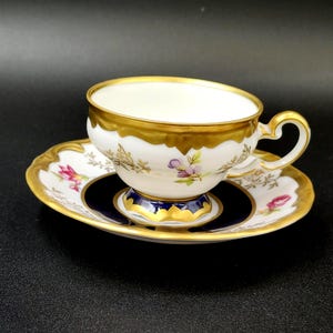 ヴィンテージ エヒト ヴァイマー コバルト デミタス ティー カップ & ソーサー ゴールド 金箔 磁器 ドイツ製