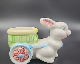 Vintage Kitsch Bunny Rabbit Pulling Cart Egg Cup Toothpick Holder Japan