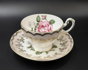 Taza de té y platillo de porcelana EB Foley: rosas rosadas, dorado, Inglaterra vintage