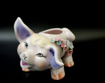 Vintage Japan Anthropomorphic Pig Planter Handpainted W Pink & Blue Flowers