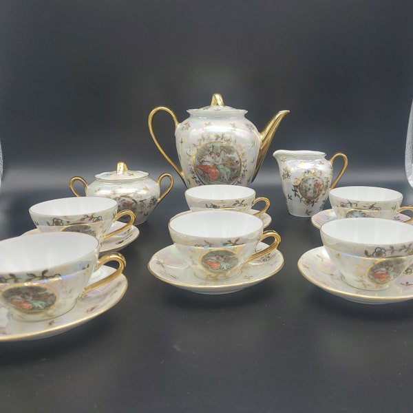 Bavaria Kahla East Germany Demitasse 6 Saucers & 5 Tea Cup Luster Gold Cupid and Goddesses Pattern