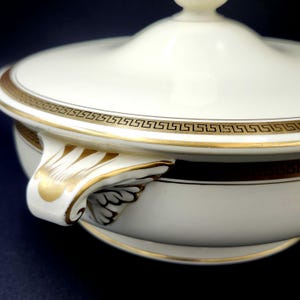 Mintons Global Wreath Covered Serving Dish Cream W Gold Greek Key Trim c1912-50