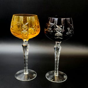 Vintage Bohemian Cut To Clear Crystal Cordial Stemware Orangy Yellow & Burgundy 21cm