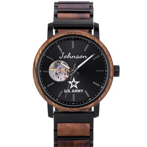 Engraved US Army Wood Watch, Veteran Gift, Mechanical Movement, US Army Christmas Gift