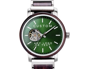 Custom Green Face Watch, Mens Wood Watch, Wood Watches For Men, Automatic Watch, Skeleton Mechanical Watch