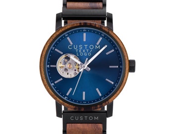 Engraved Wood Watch - Custom Blue Face Watch Wooden Automatic Mechanical Watches For Men - Custom Gifts Company Logo | Add Your Name Or Logo