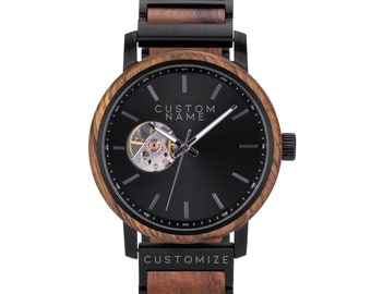 Custom Men's Watch, Engraved Wood Watches, Custom Logo Watch Face, Mechanical Watch, Personalized Watch Face, Engraved Watches for Men