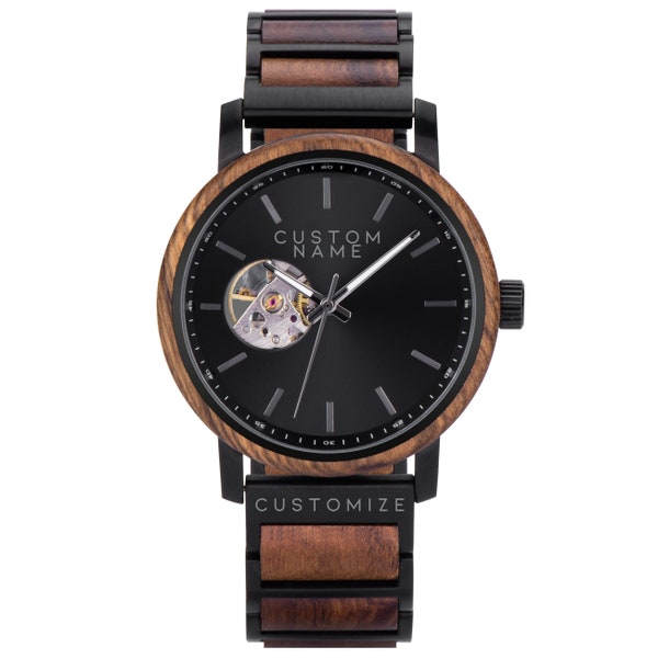 Custom Watch Face - Mens Engraved Wood Watch - Custom Gift For Him - Groomsmen Watch Gift Set, Wood & Steel Engraving Mens Personalized Gift
