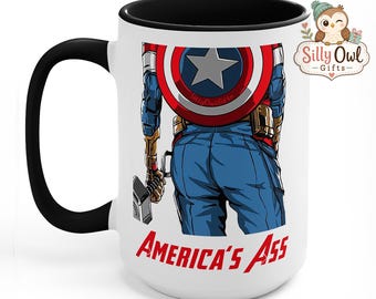 Funny Captain America Mug: America's Ass, Novelty Humor (11oz 15oz)