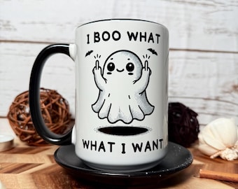 I BOO Was ich will Tasse - Lustiger Geist mit Mittelfingern, freche Halloween-Kaffeetasse, gruselige Haltung Tasse, Geschenk für Rebel-Geist-Liebhaber - Keramik