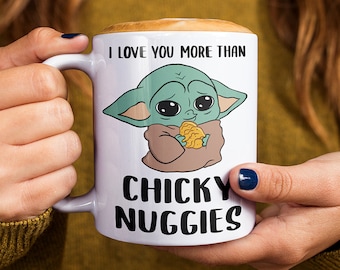 Taza de café con la frase "Te amo", de The Mandalorian, taza de cerámica adorable de Chicky Nuggies, regalo de Grogu Wars "Te amo", hecho a mano, 11 oz y 15 oz