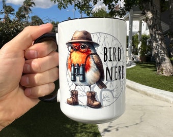 Bird Nerd Coffee Mug, Birding Beverage Cup, Nature Lover, Funny Bird Watcher Gift, Cute Illustrated Robin - Ceramic 11oz 15oz