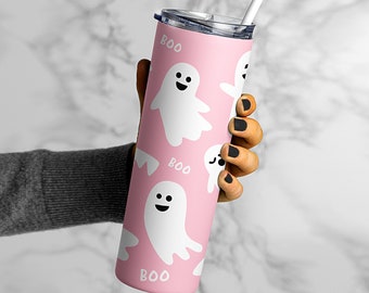 BOO Ghosts Tumbler, Spooky Season Coffee Tumblers, Retro Ghost Tumbler Gift for Halloween, Cozy 20oz Stainless Steel - Lid/Straw Included