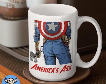 Funny Captain America Mug: America's Ass, Novelty Humor (11oz 15oz)