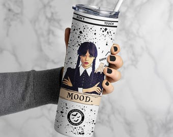 Wednesday Addams Mood Tumbler – Jenna Ortega Merch – We Wear Black 20oz Insulated Mug with Lid & Straw – Dark Humor – Cute Halloween Gift
