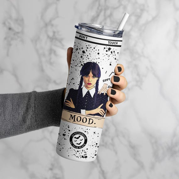 Wednesday Addams Mood Tumbler – Jenna Ortega Merch – We Wear Black 20oz Insulated Mug with Lid & Straw – Dark Humor – Cute Halloween Gift