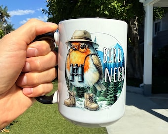 Funny Bird Nerd Mug, Bird Lover Cup, Bird Watcher, Bird Twitcher, Cute Illustrated Robin, Birding Beverage, Nature Lover - Ceramic