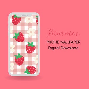Strawberry Gingham Phone Wallpaper Cute Red Summer Aesthetic Background Digital Download iPhone & Android Pink Cottagecore Fruit Wallpaper