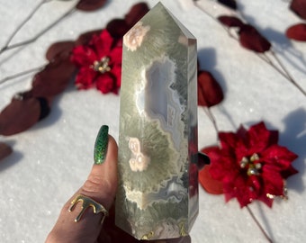 Green &#39;Amethyst&#39; Flower Agate Quartz Tower XL - Large High Quality Deep Green Chlorite Quartz Flower Agate with Chalcedony Crystal Point