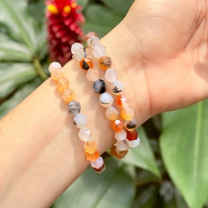 AAA Dendritic Agate Bracelet - Choose Size - One (1) Beautiful Orange Dendritic Agate Faceted Bead Bracelet - 8mm - Made in Hawaii