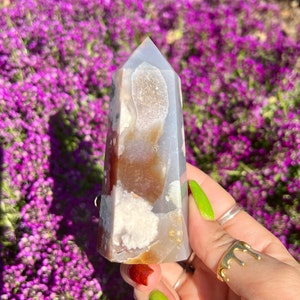 Black Flower Agate Tower - Druzy Flower Agate Crystal Point - AAA Quality Ethically Sourced from Madagascar