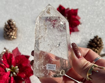 AAA Rutile Quartz Tower with Rainbows - High Quality Ethically Sourced Clear Quartz with Rutile Crystal Point from Brazil