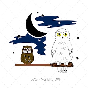 Hedwig en Pigwidgeon Owls rusten op een toverstok SVG EPS PNG Dxf