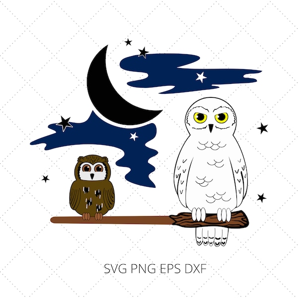 Hedwig and Pigwidgeon Owls resting on a wand SVG EPS PNG Dxf